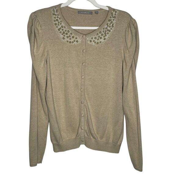NY Collection Tan  Beaded Long Sleeve Grannycore Cottagecore Fairy Sweater SZ L - Picture 1 of 13